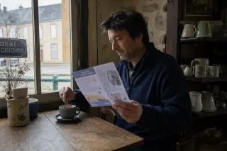 Man in a village café reading a health leaflet, coffee on table, with soft morning light and rustic Norman interior.