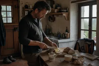 Norman kitchen with a man preparing simple food, natural morning light, rustic details, and subtle elements of everyday life