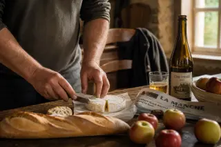 Hands of a middle-aged man preparing Camembert and apples in a cozy Norman kitchen with soft afternoon light and rustic details.