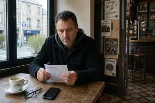Man in a Normandy café studies paper with coffee, morning light, quiet authentic mood