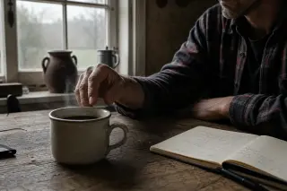 Hand of a man over a coffee mug on a rustic kitchen table, morning light coming through a misty window, notebook open nearby