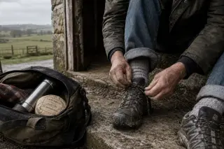 Hands of a man lacing up trail shoes on a stone step with a sports bag and Norman countryside in the background