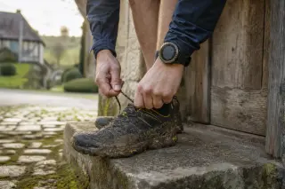 Hands of a man tying muddy trail shoes on a stone doorstep outside a rustic rural Normandy house in soft morning light.