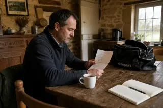 Man in his 40s sits at a rustic kitchen table in Normandy, reviewing a checklist beside coffee and a sports bag, with soft morning light and a natural, unposed atmosphere.