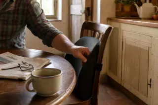 Close-up of a man's hand adjusting a lumbar cushion on a kitchen chair in a cozy, lived-in Norman country house with warm afternoon light and everyday objects on the table.